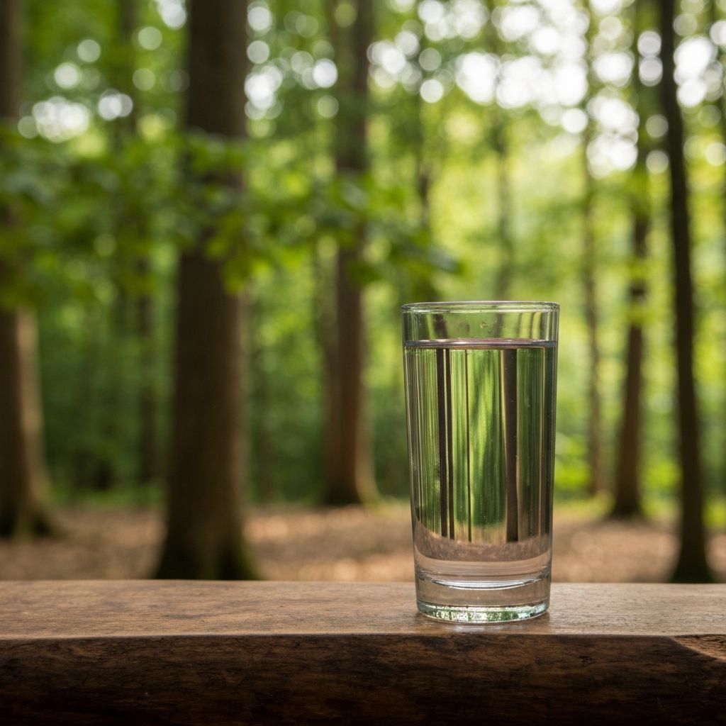 Glass of water with forest background